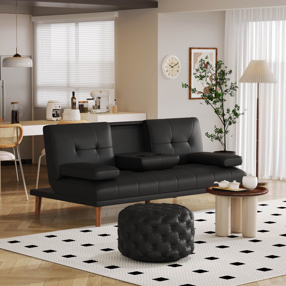 Contemporary Black Leather-look Button Ottoman