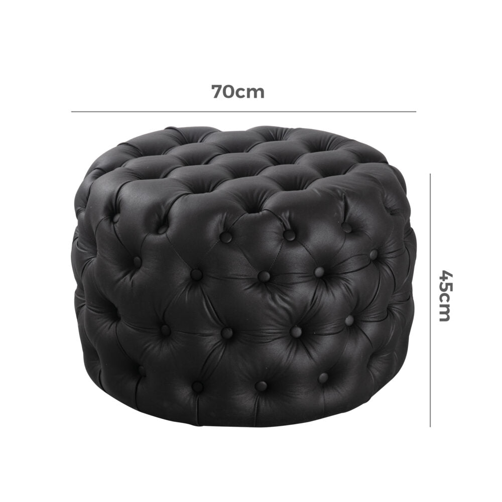 Contemporary Black Leather-look Button Ottoman