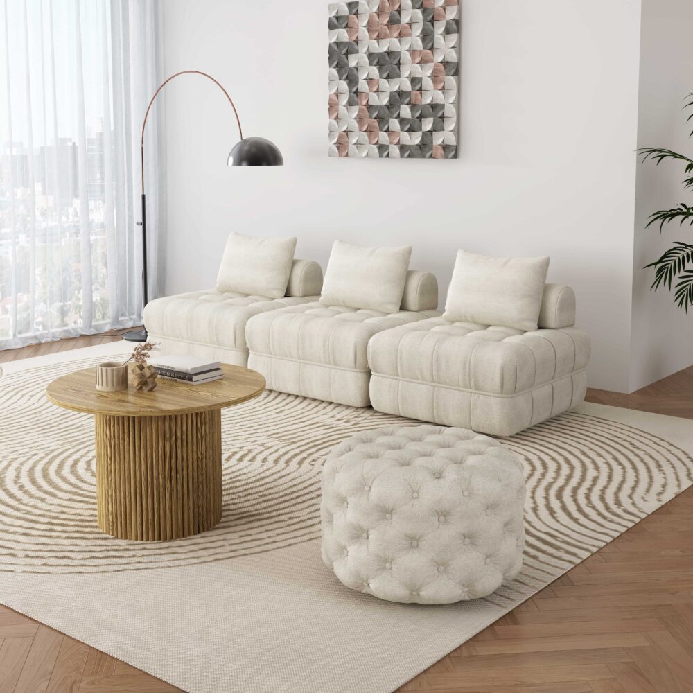 Bouclée White Round Ottoman