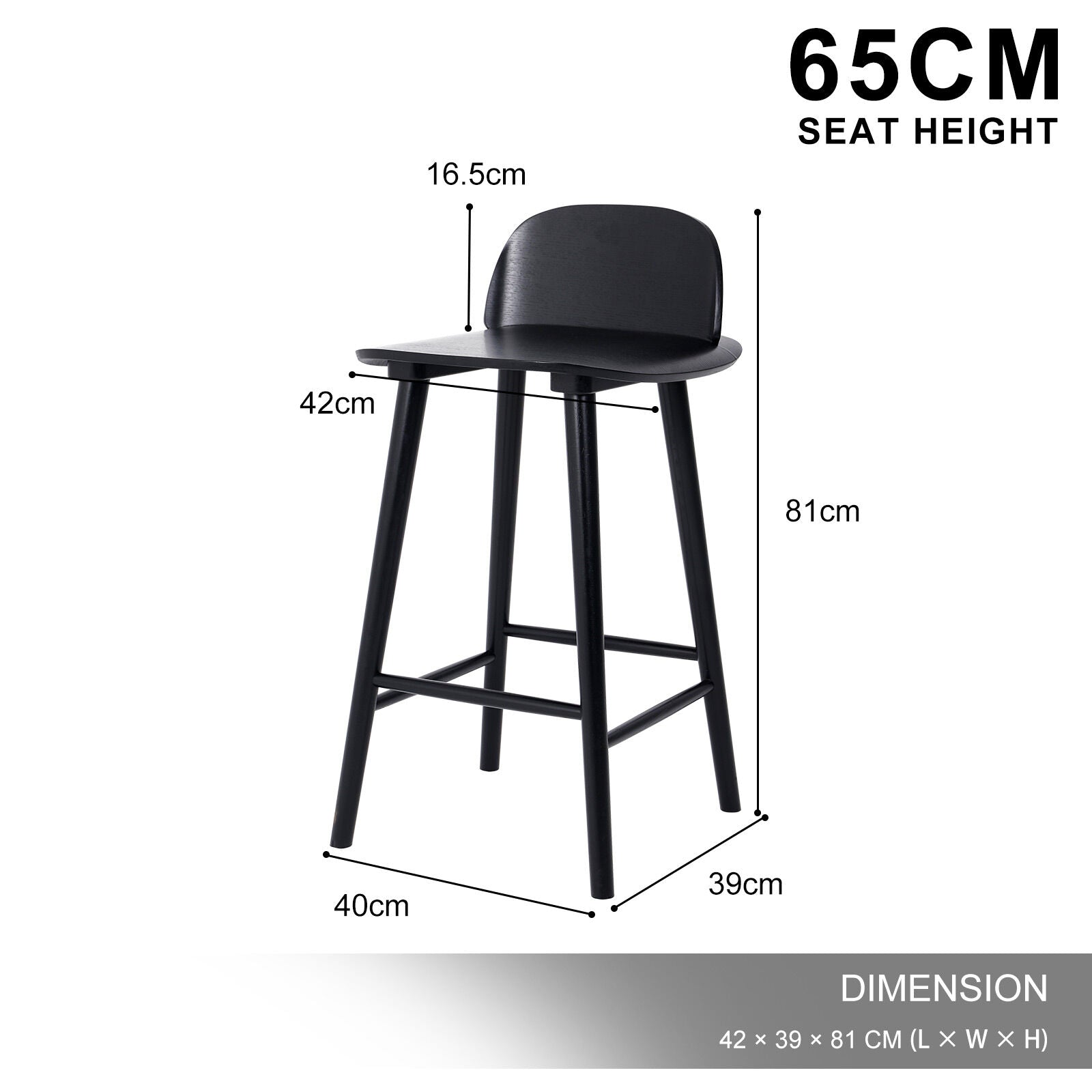 ELISE Black Ash Wood Bar Stool 65cm