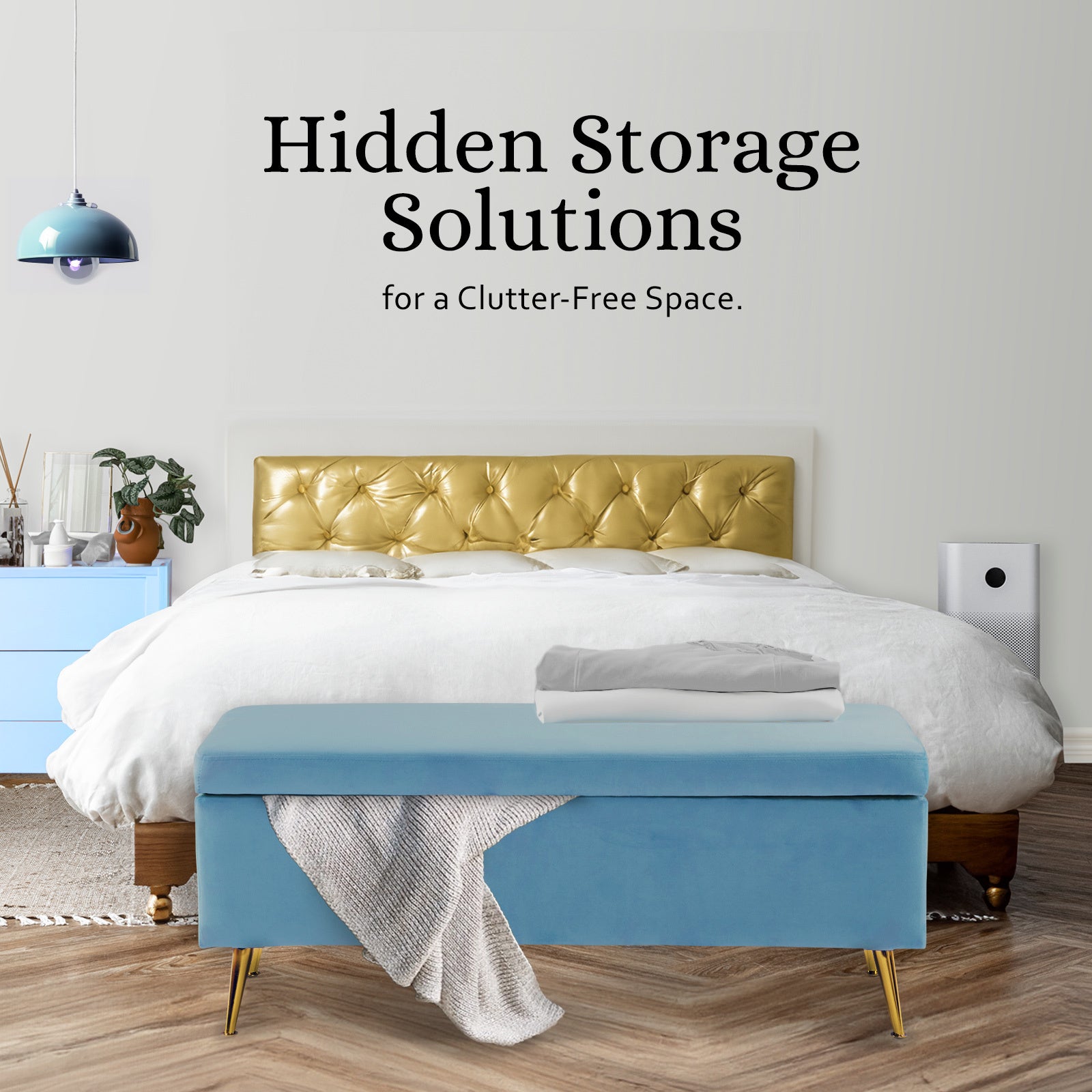 La Bella Ocean Blue Velvet Storage Ottoman