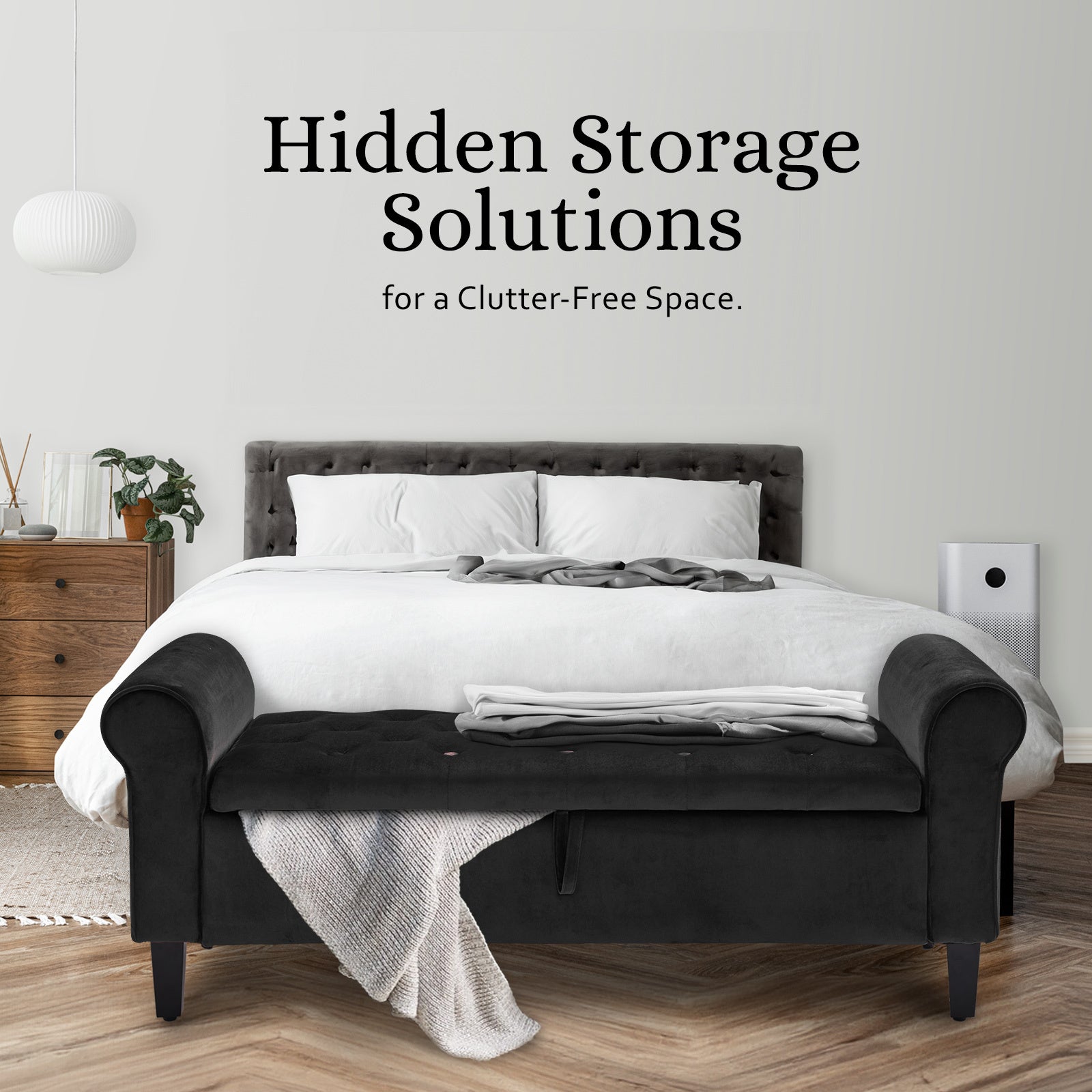 La Bella Black Velvet Storage Ottoman Bench