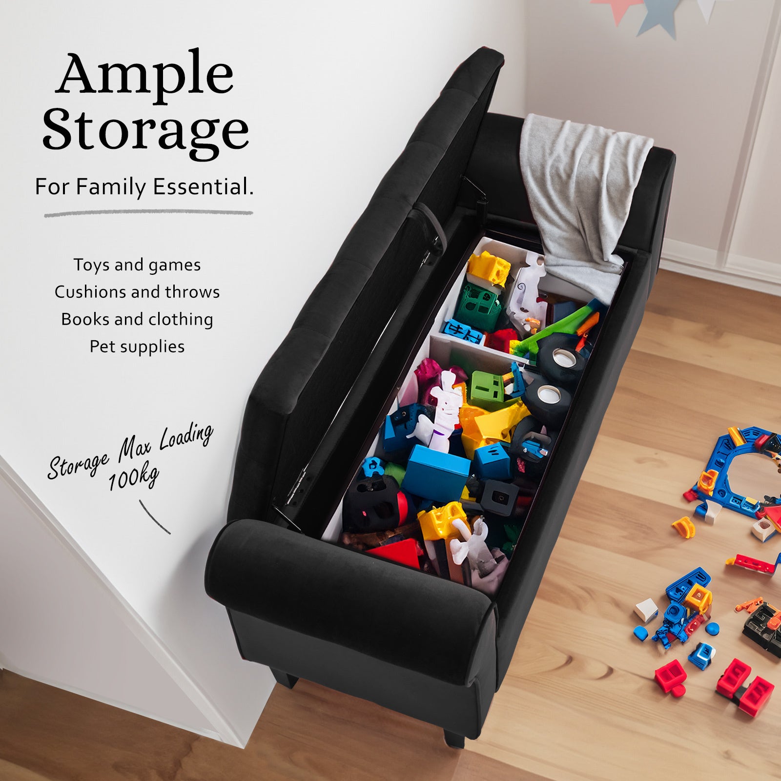 La Bella Black Velvet Storage Ottoman Bench