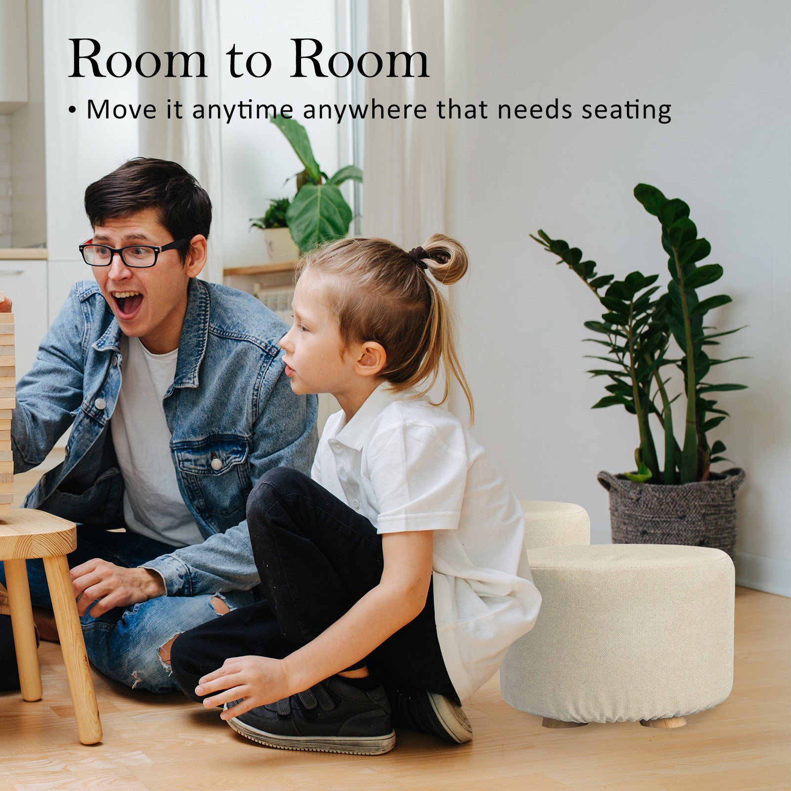 La Bella Round Faux Linen Ottoman Stool