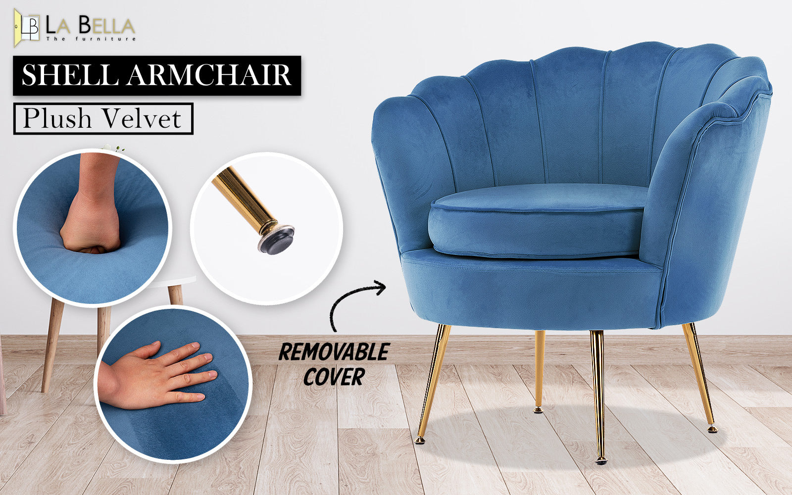 La Bella Scalloped Velvet Armchair with Gold Legs - Various Colors