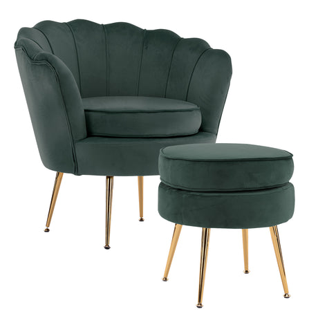 La Bella Velvet Scalloped Armchair and Round Ottoman Set in Green