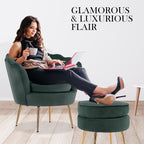 La Bella Velvet Scalloped Armchair and Round Ottoman Set in Green