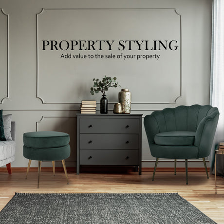 La Bella Velvet Scalloped Armchair and Round Ottoman Set in Green