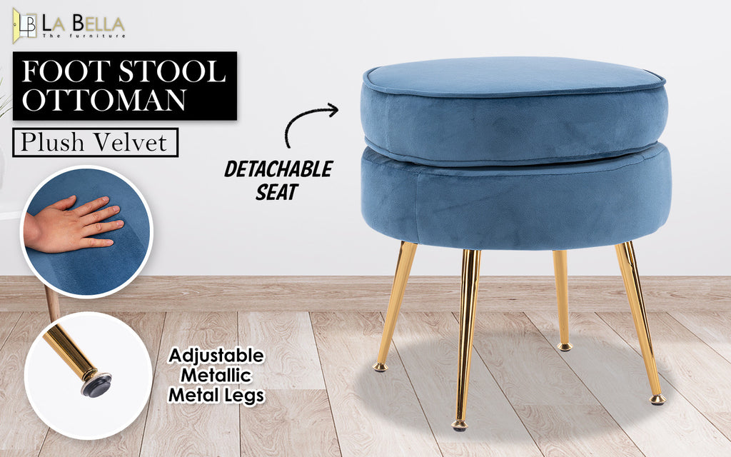La Bella Velvet Round Ottoman with Gold Legs