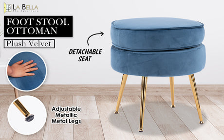 La Bella Velvet Round Ottoman with Gold Legs
