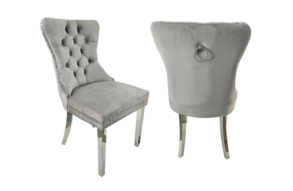 Polished Steel Dining Chair Set - Light Grey Velvet