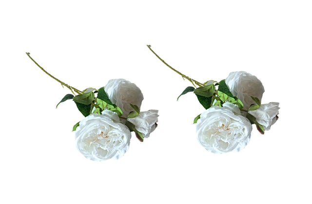 Artificial Rose Stems – Set of 2 Stems – 60cm with 3 Flowers Each - White