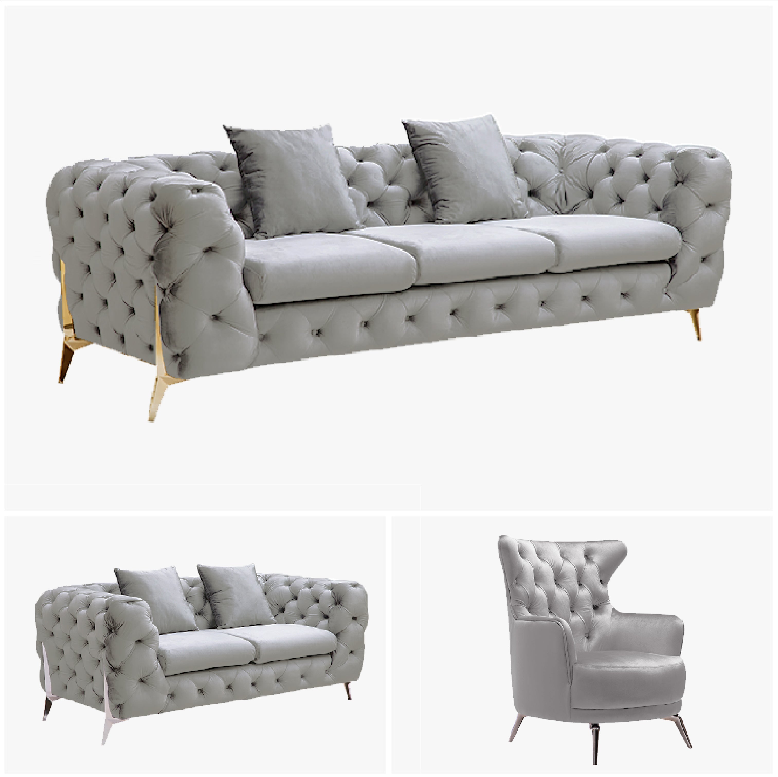 Grand Tufted Lounge - Light Grey Velvet