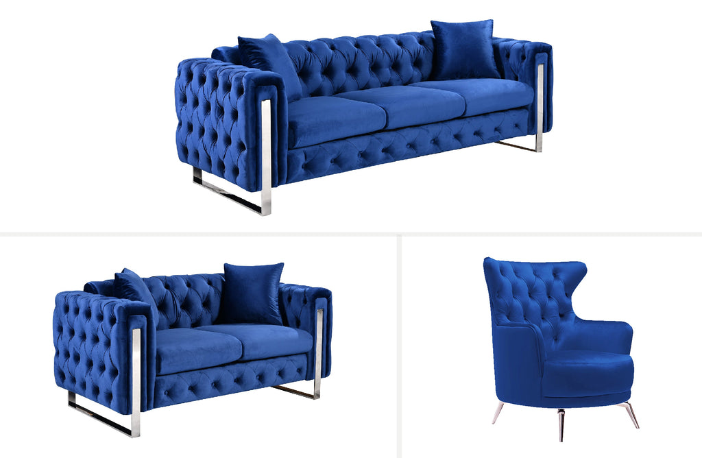 Madeline Lounge Set - Blue Velvet with Silver Trims