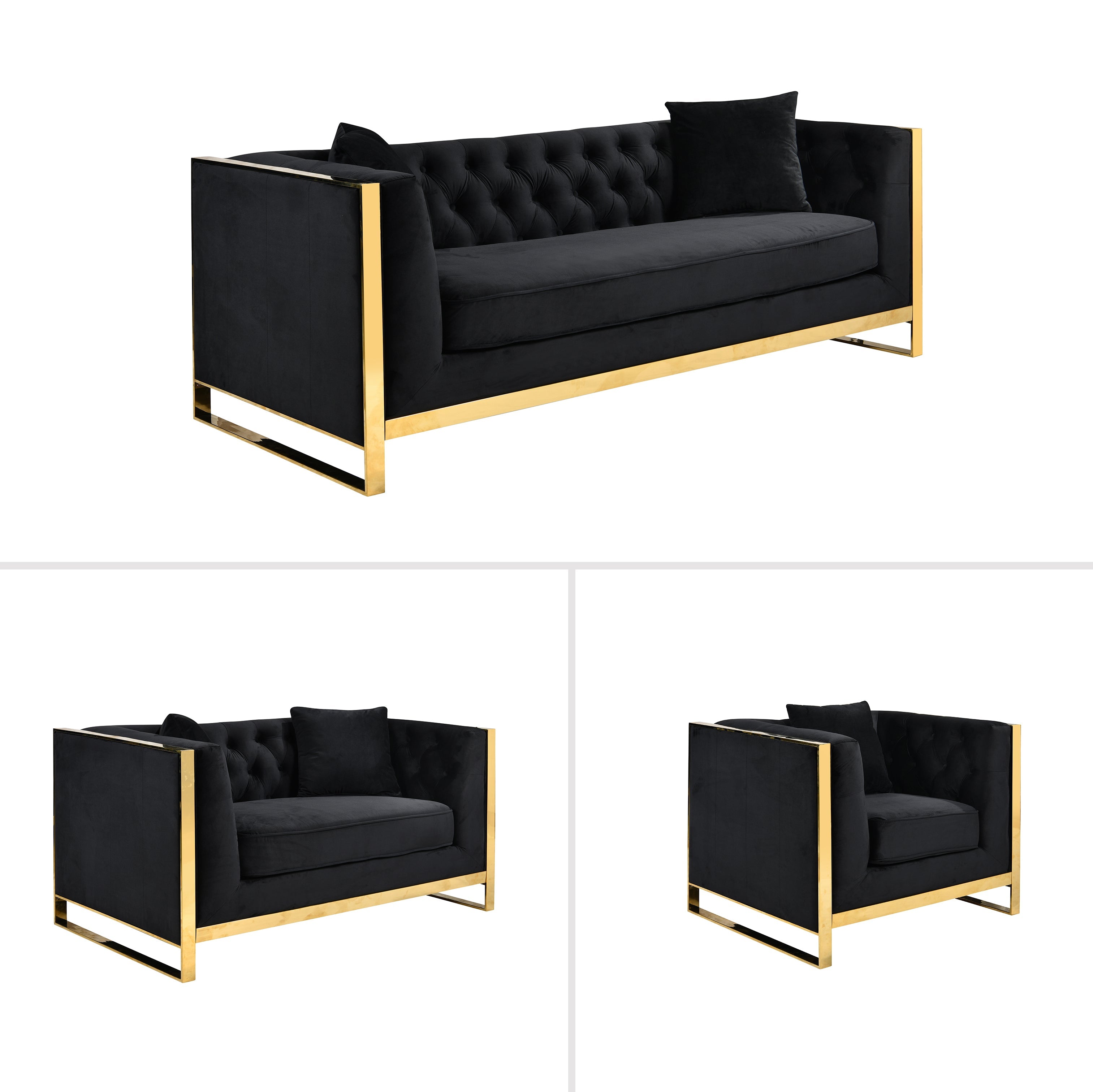 William Lounge Set - Black Velvet & Gold Trim