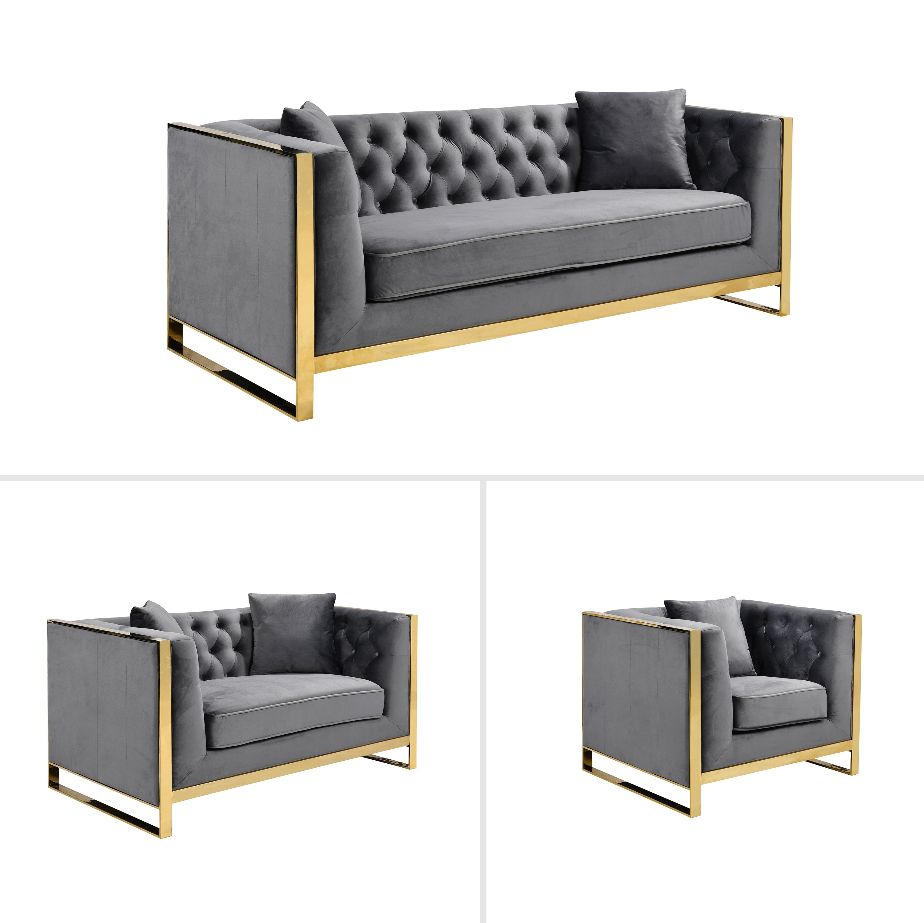 William Lounge Set - Dark Grey Velvet & Gold