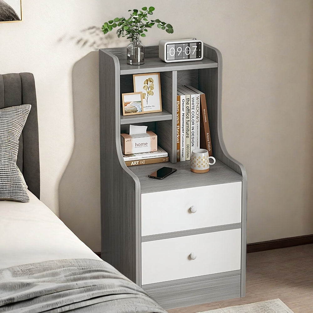 Minimalist Nightstand Light Gray Wood Grain White Fronts Curved Design Drawers