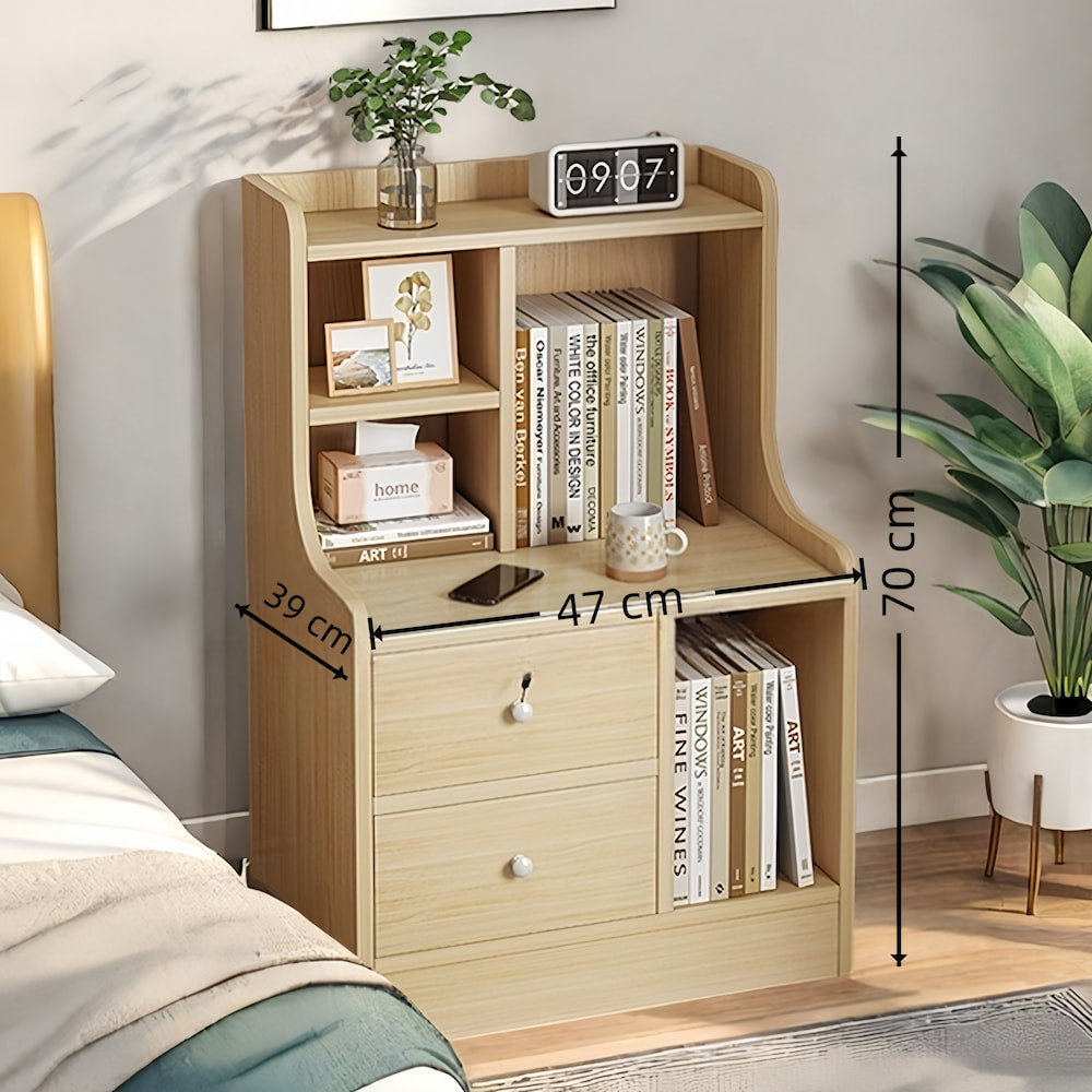 Light Wood Nightstand Secure Drawer Open Shelf Storage Tray Nordic Style 70cm