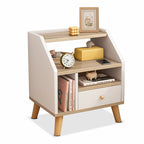 Compact Nightstand Wooden Legs Open Shelves Side Compartment White Wood Design