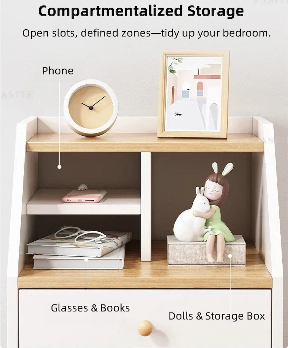 Multi-Storage Nightstand White Wood Combo Three Drawers Open Shelves 3-Tier