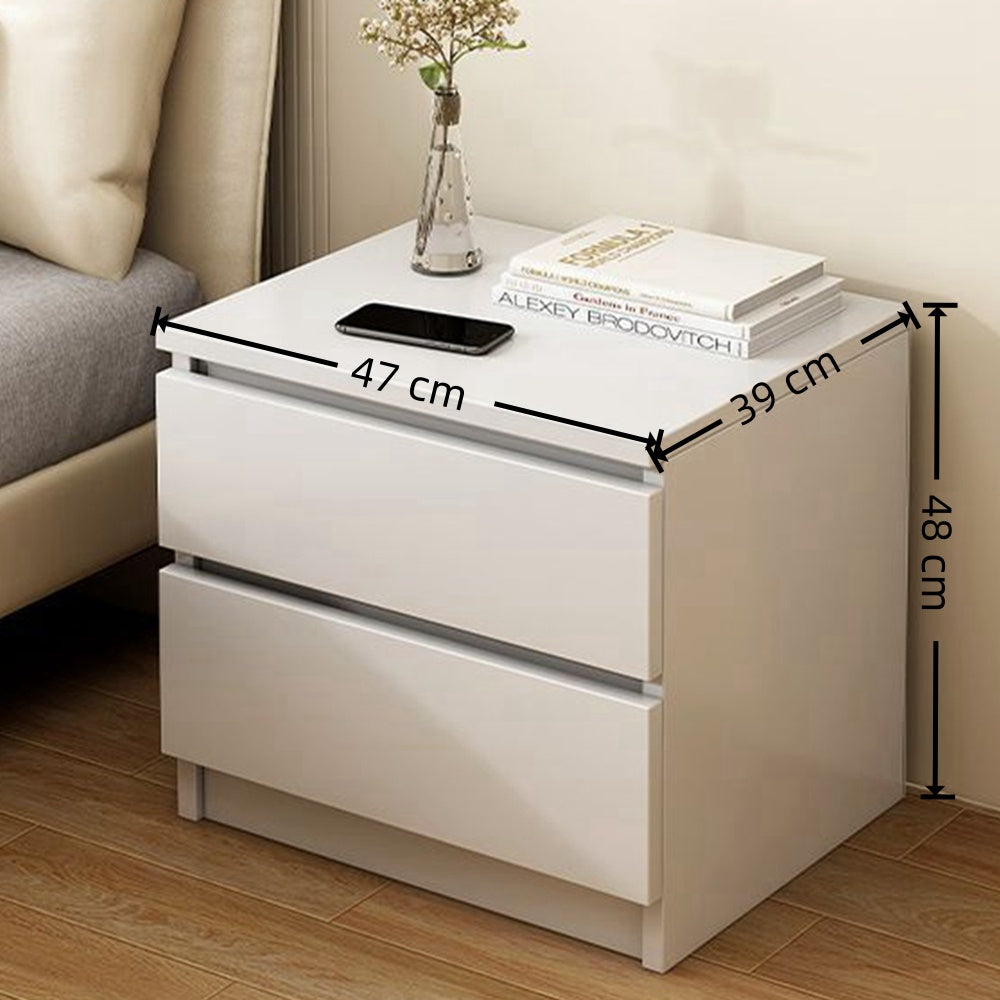 Modern Nightstand Warm White Double Drawer Finger Pull Geometric Clean Lines