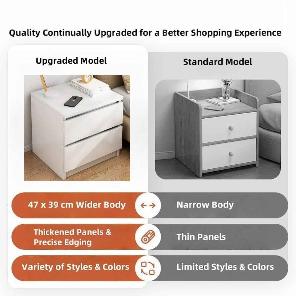 2x Bedside table set with drawers, minimalist design, warm white finish