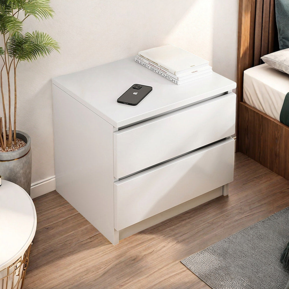 2x Bedside table set with drawers, minimalist design, warm white finish