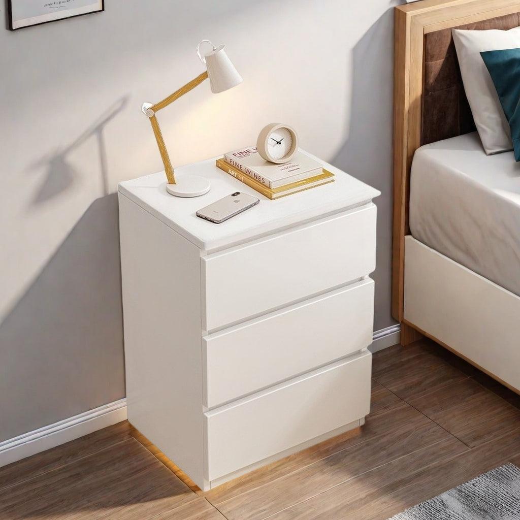 Modern Nightstand Warm White Triple Drawer Finger Pull Geometric Clean Lines