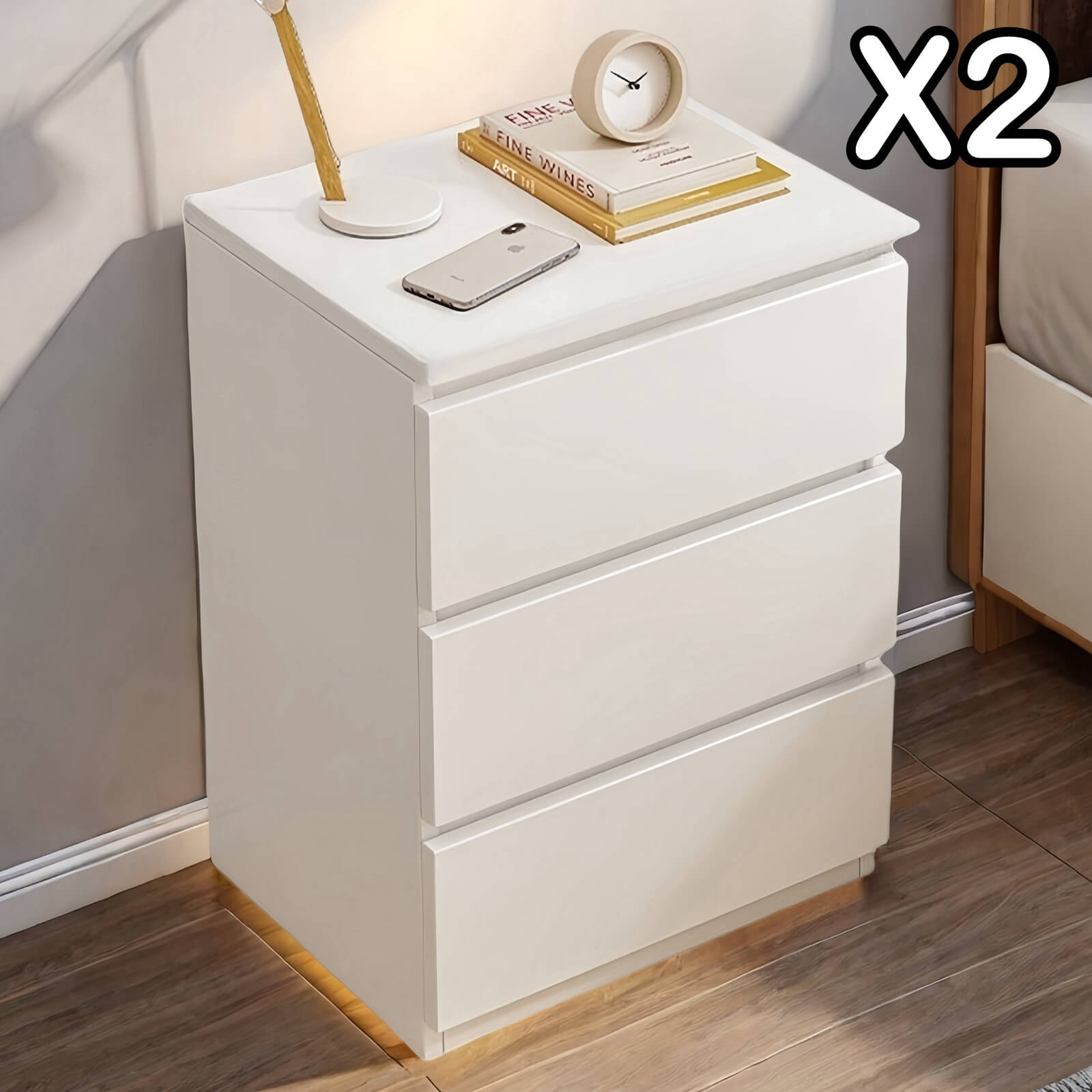 2x Modern bedside table set with drawers, minimalist design, white finish.