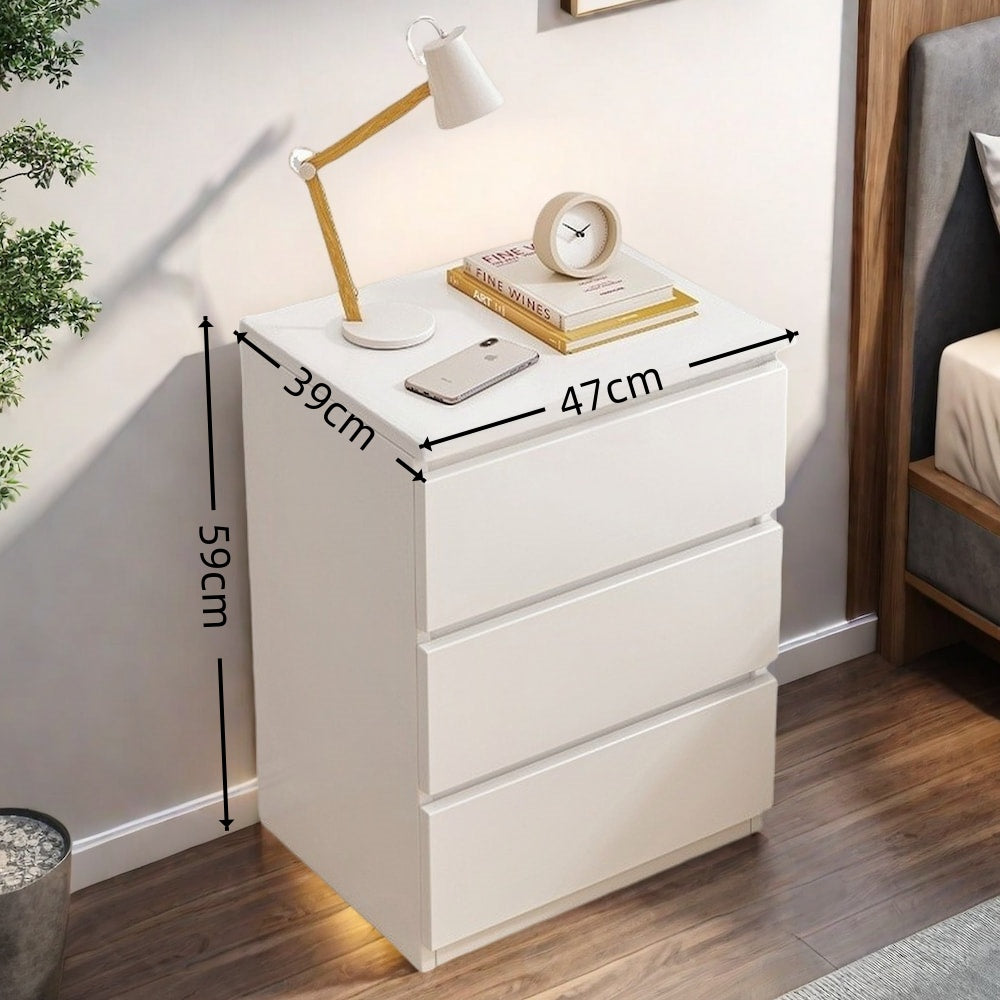 2x Modern bedside table set with drawers, minimalist design, white finish.