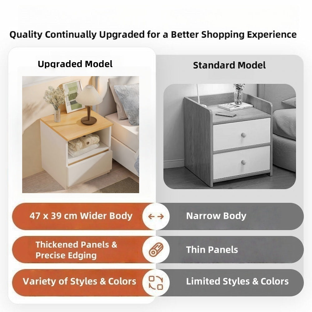 Modern Nightstand Oak Wood Grain Top White Cabinet Open Shelf Finger Pull