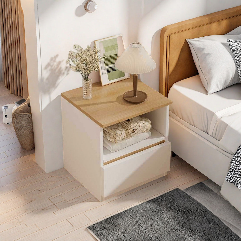 2x bedside table set modern white oak wood drawer minimalist design