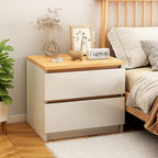 Modern Nightstand Oak Wood Grain Top White Cabinet Double Drawer Finger Pull