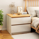 Modern Nightstand Oak Wood Grain Top White Cabinet Double Drawer Finger Pull