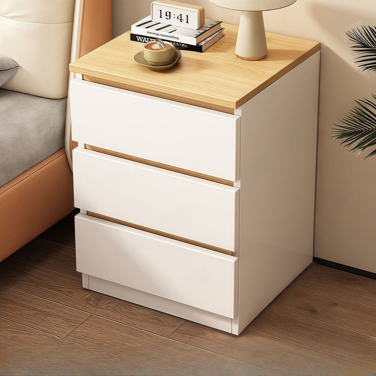 Modern Nightstand Wood Effect Top White Cabinet Triple Drawer Finger Pull Design