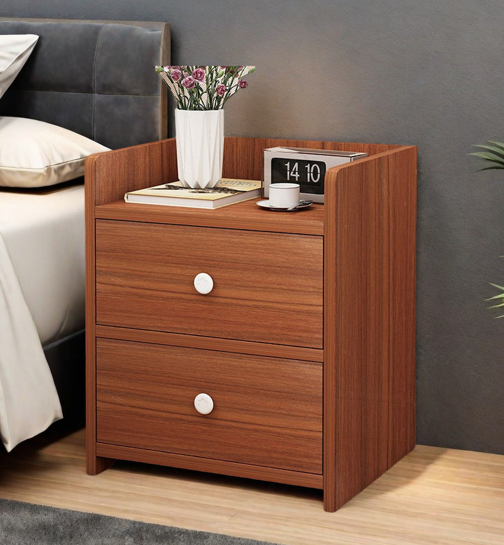 Classic Nightstand Walnut Wood Grain Double Drawer Tray Top White Handles