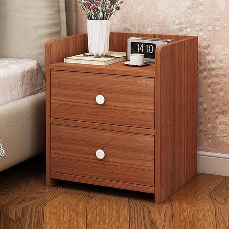 Classic Nightstand Walnut Wood Grain Double Drawer Tray Top White Handles