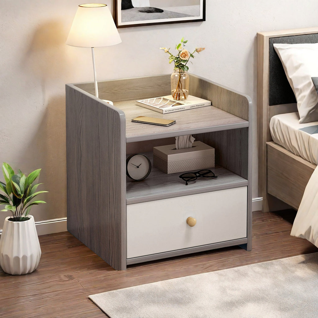Modern Nightstand Light Gray Wood Grain Safety Tray Storage White Drawer 48cm