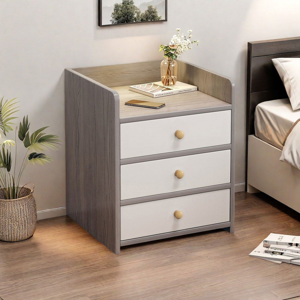 Modern Nightstand Light Gray Wood Grain Three Drawers Safety Tray Top Wooden Knobs