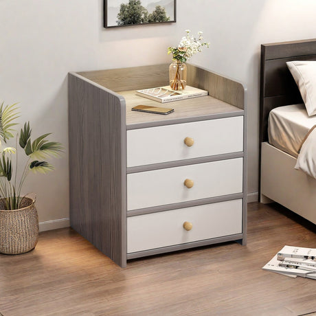 Modern Nightstand Light Gray Wood Grain Three Drawers Safety Tray Top Wooden Knobs