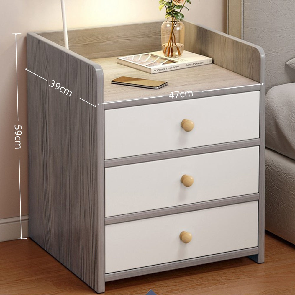 Modern Nightstand Light Gray Wood Grain Three Drawers Safety Tray Top Wooden Knobs