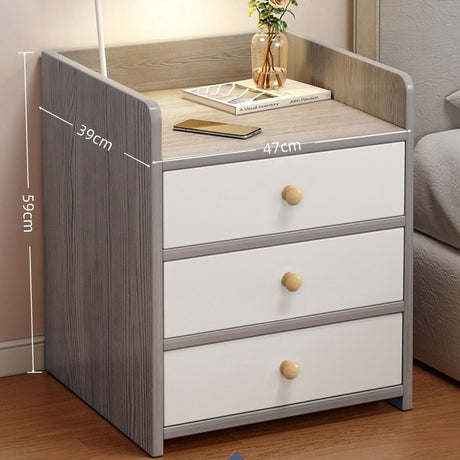 Modern Nightstand Light Gray Wood Grain Three Drawers Safety Tray Top Wooden Knobs