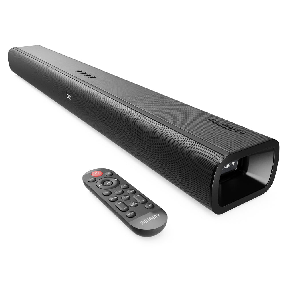 Black soundbar with remote control on a white background