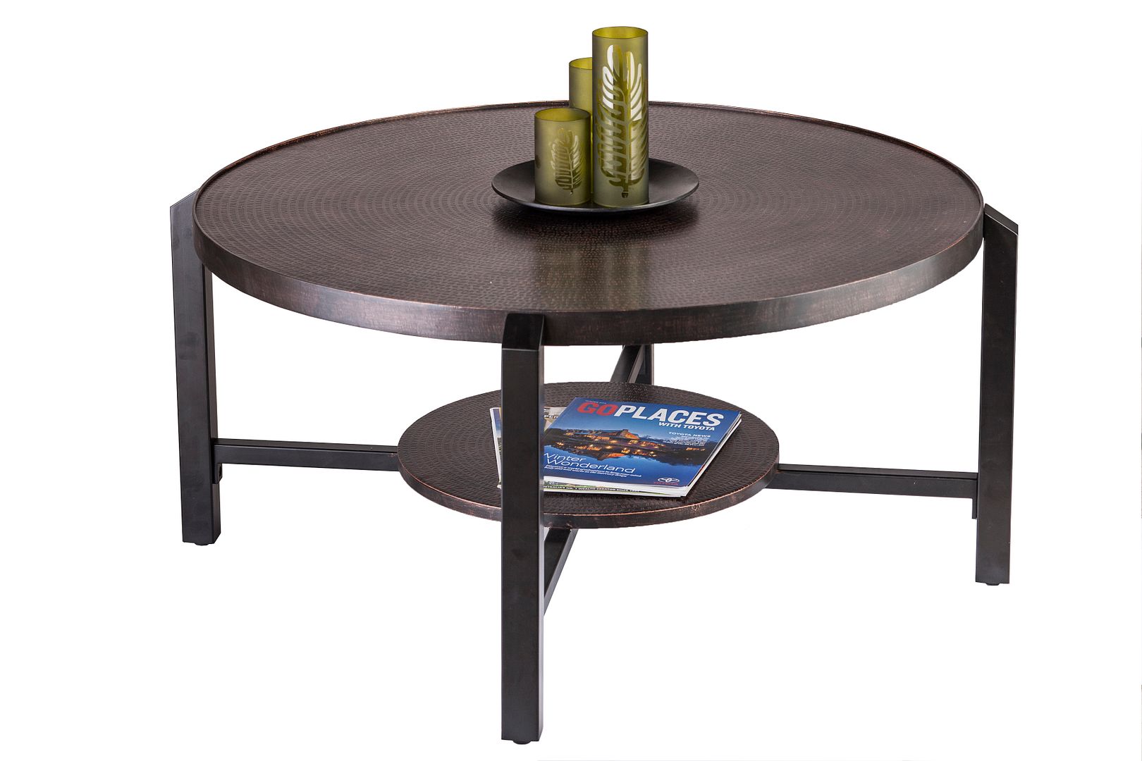 Elegant Black Round Coffee Table with Copper Top