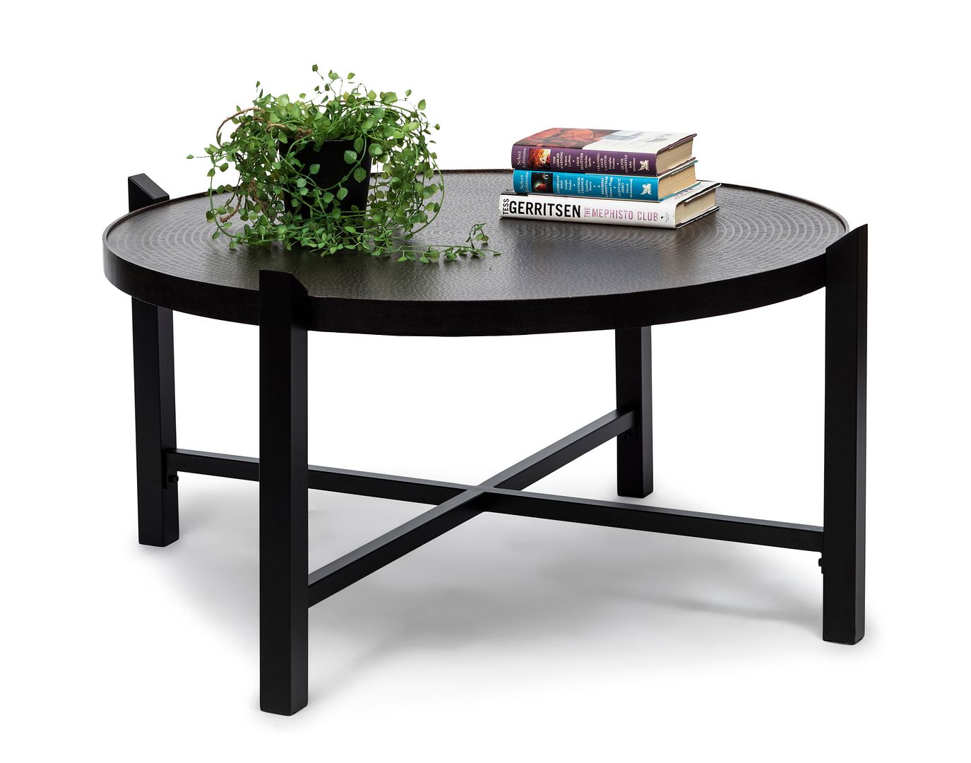 Modern Black Round Coffee Table with Copper Top