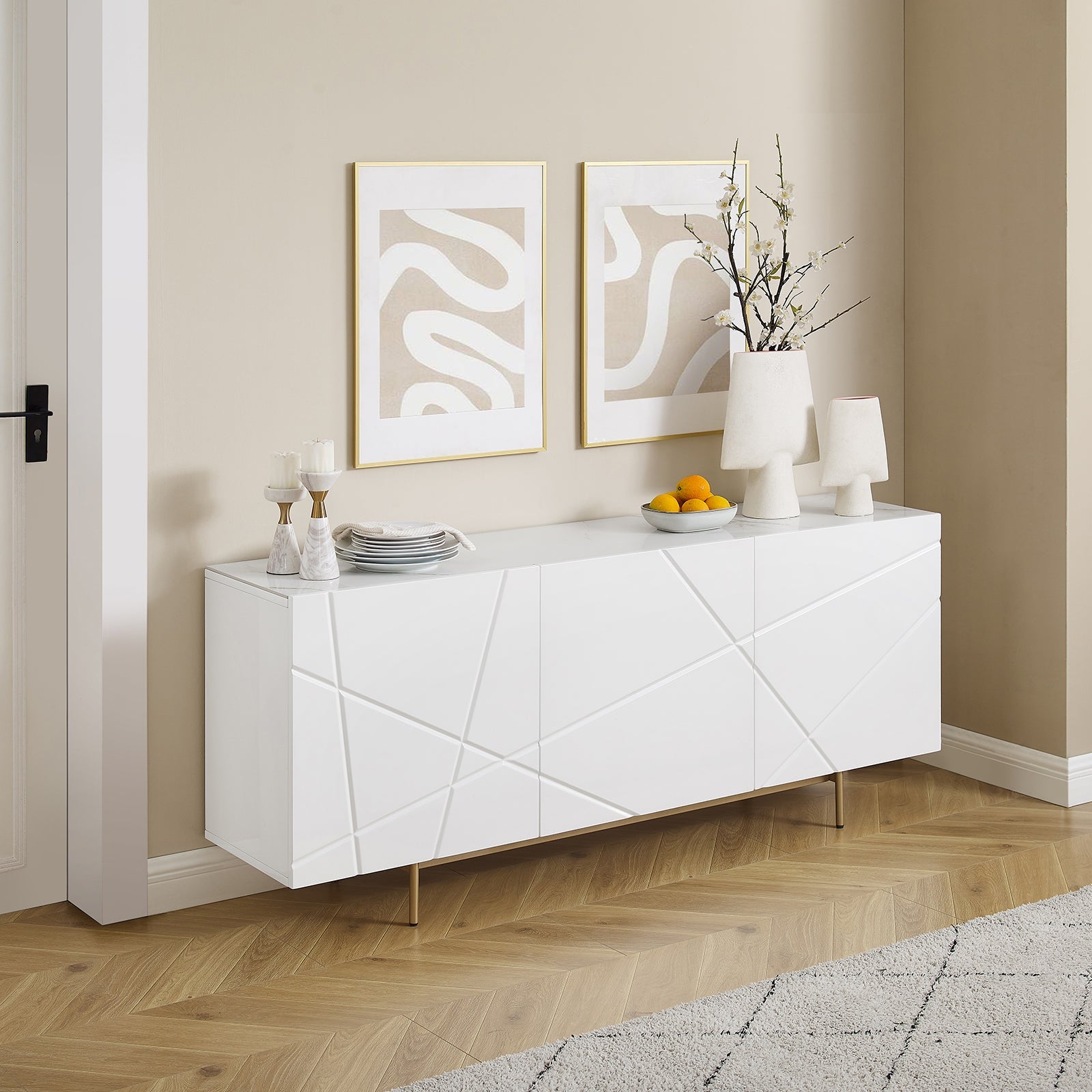 Amelia Glossy White Gold Buffet Sideboard