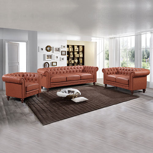 Brown Button-Tufted Faux Leather Sofa Set