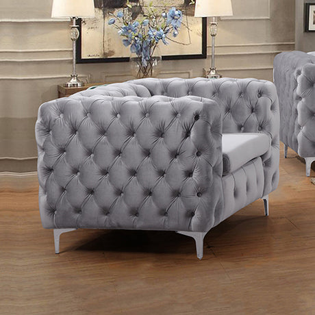 Jacques Velvet Button Tufted Single Seater Grey Sofa Armchair with Metal Legs