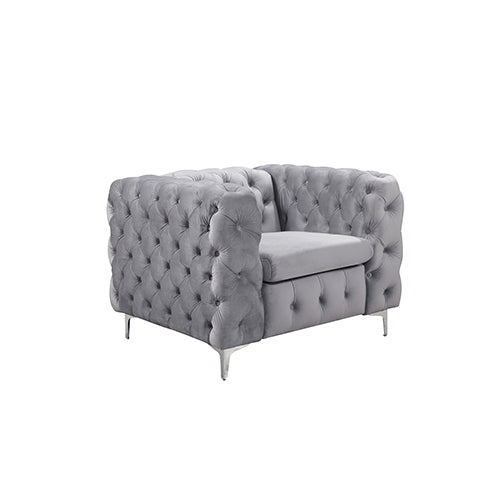 Jacques Velvet Button Tufted Single Seater Grey Sofa Armchair with Metal Legs