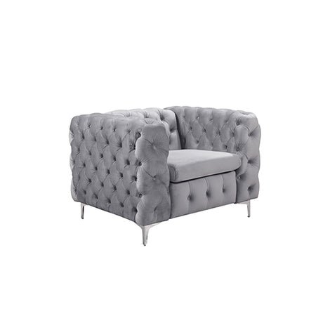 Jacques Velvet Button Tufted Single Seater Grey Sofa Armchair with Metal Legs